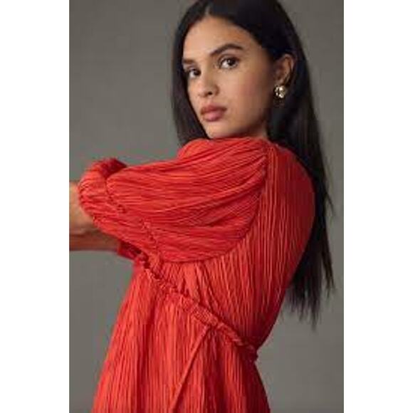 Anthropologie V-Neck Pleated Slim Midi Dress Red Holiday Party Christmas Chic XS - Picture 2 of 5